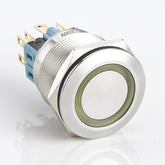 25mm Metal Push Button Switch Ring LED Momentary Flat Head Stainless Steel Soldering Pin 1 Normally-Open and 1 Normally-Closed